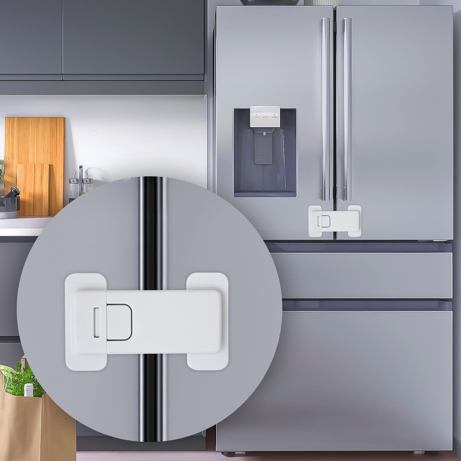 Fridge Locks for Kids, Child Proof Refrigerator Lock, Baby Safety French Fridge Door Lock, Child Cabinet Locks with Strong 3M Adhesive, No Drill,