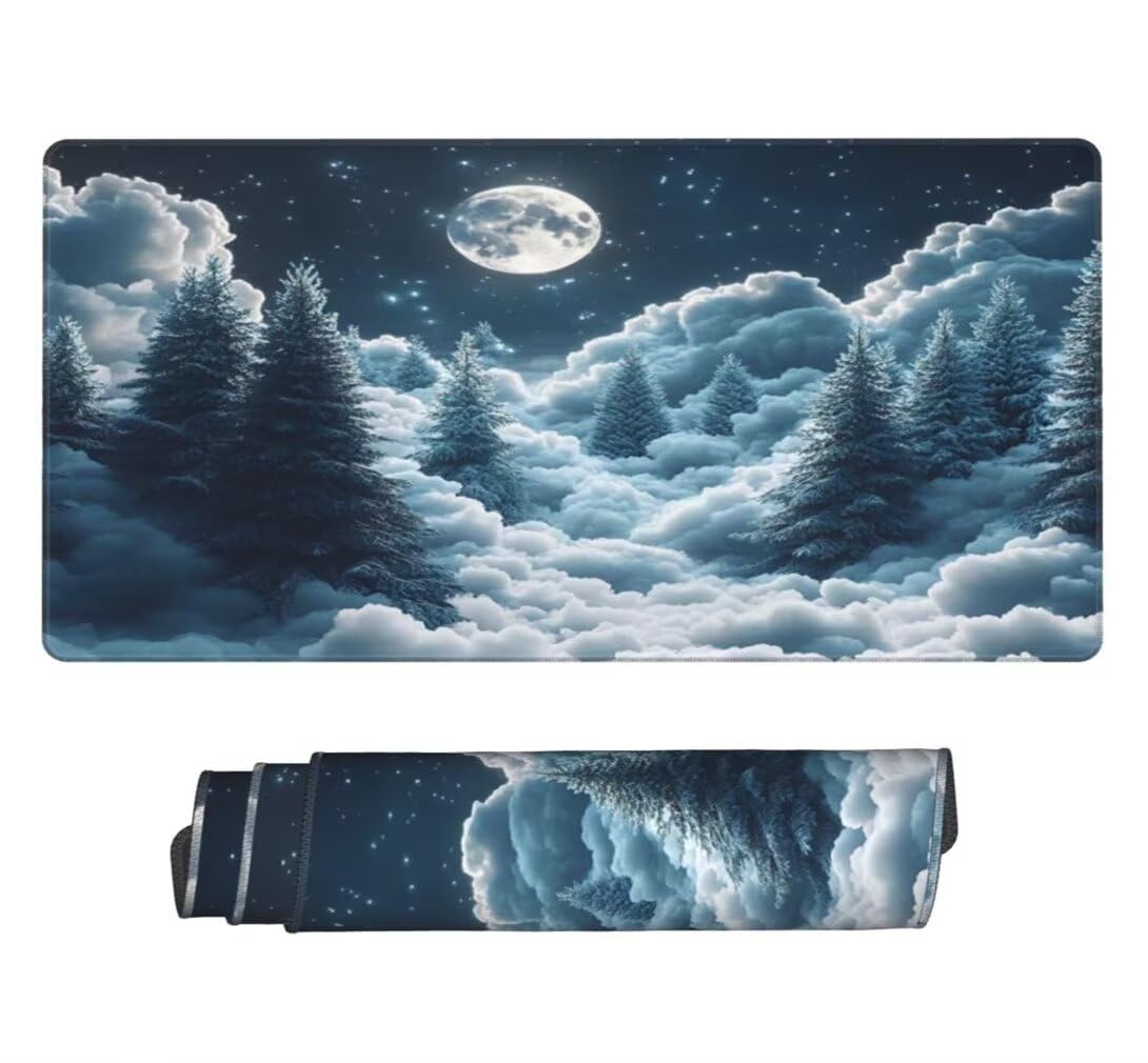 Tappetino Mouse XXL 1000x500mm Luna Piena Grande Mouse Pad, Tappetino Scrivania con Bordi Cuciti, Grande Mousepad Gaming con Base Antiscivolo per Ufficio e Casa (Pino Tra Le Nuvole) -MP1572