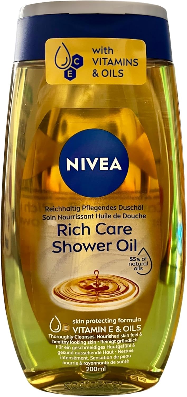 NIVEA Huile de Douche nourrissante (1 x 200 ml), Gel douche soin nourrissant Vitamine E et huiles naturelles, Gel lavant corps, sensation de peau nourrie & rayonnante de santé, tous types de peau