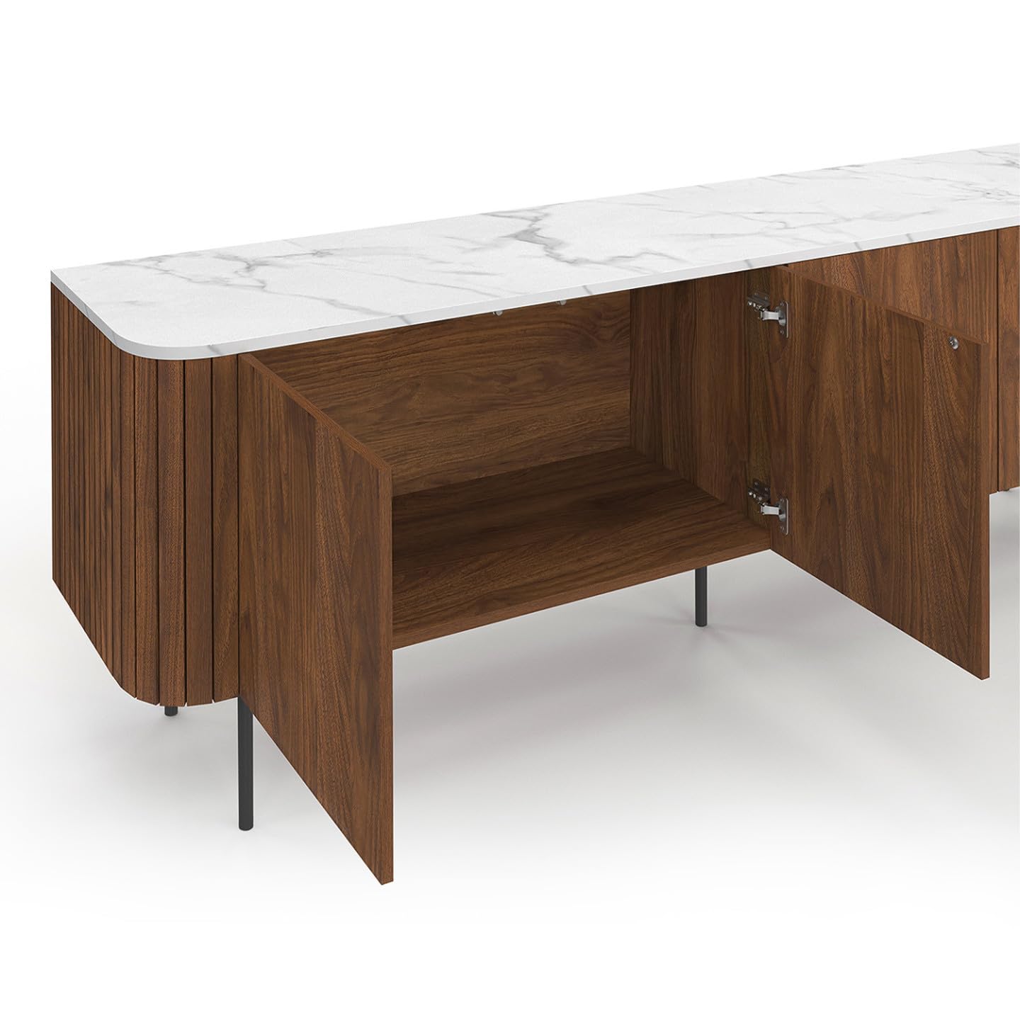 IDMarket - Buffet Bas 160 cm Marla 4 Portes Effet Noyer et Lattes et Plateau marbre Blanc Alaska