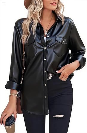Womens Vegan Faux Leather Jacket Button-Down Lapel with Hidden Pockets Oversized Shacket Style