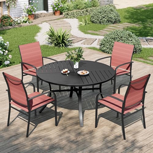 Image of MIXPATIO Patio Table and Chairs Set for 4, 5 Pieces Outdoor Dining Set, 4 Red Textilene Chairs and 42 inch Metal Round Table with Umbrella Hole, for Deck Garden Backyard Lawn Poolside