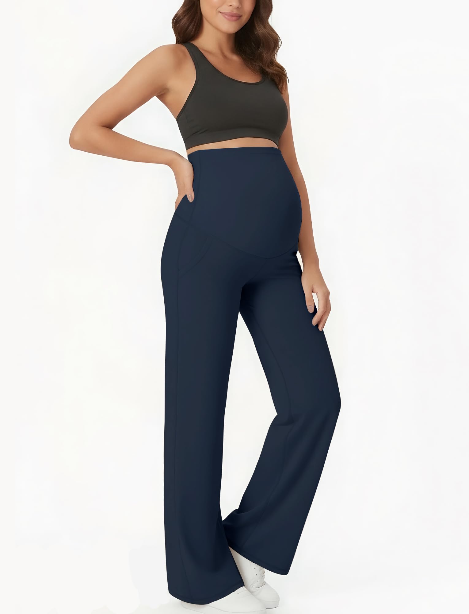 FEOYA Leggings Premaman con Tasche, Pantaloni Gravidanza Vita Alta Supporto, Gamba Larga Yoga Palestra, Elasticizzati per Donna in Gravidanza S-XL