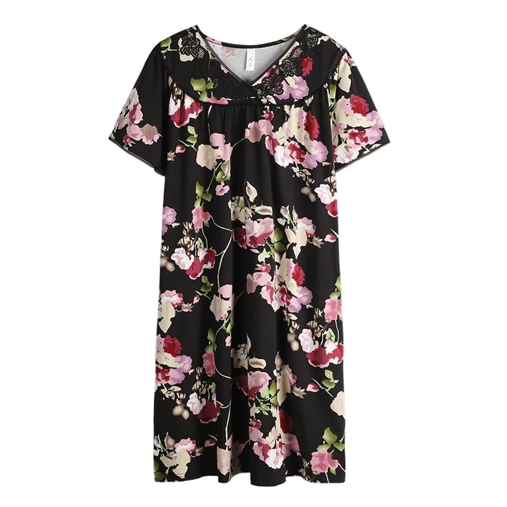Camicia da Notte Donna - Camicie da Notte Floreali da Donna Stampa in Morbido Cotone Femminile Indumenti da Notte Lunghi in Pizzo con Scollo A V Manica Corta Estiva per La Casa