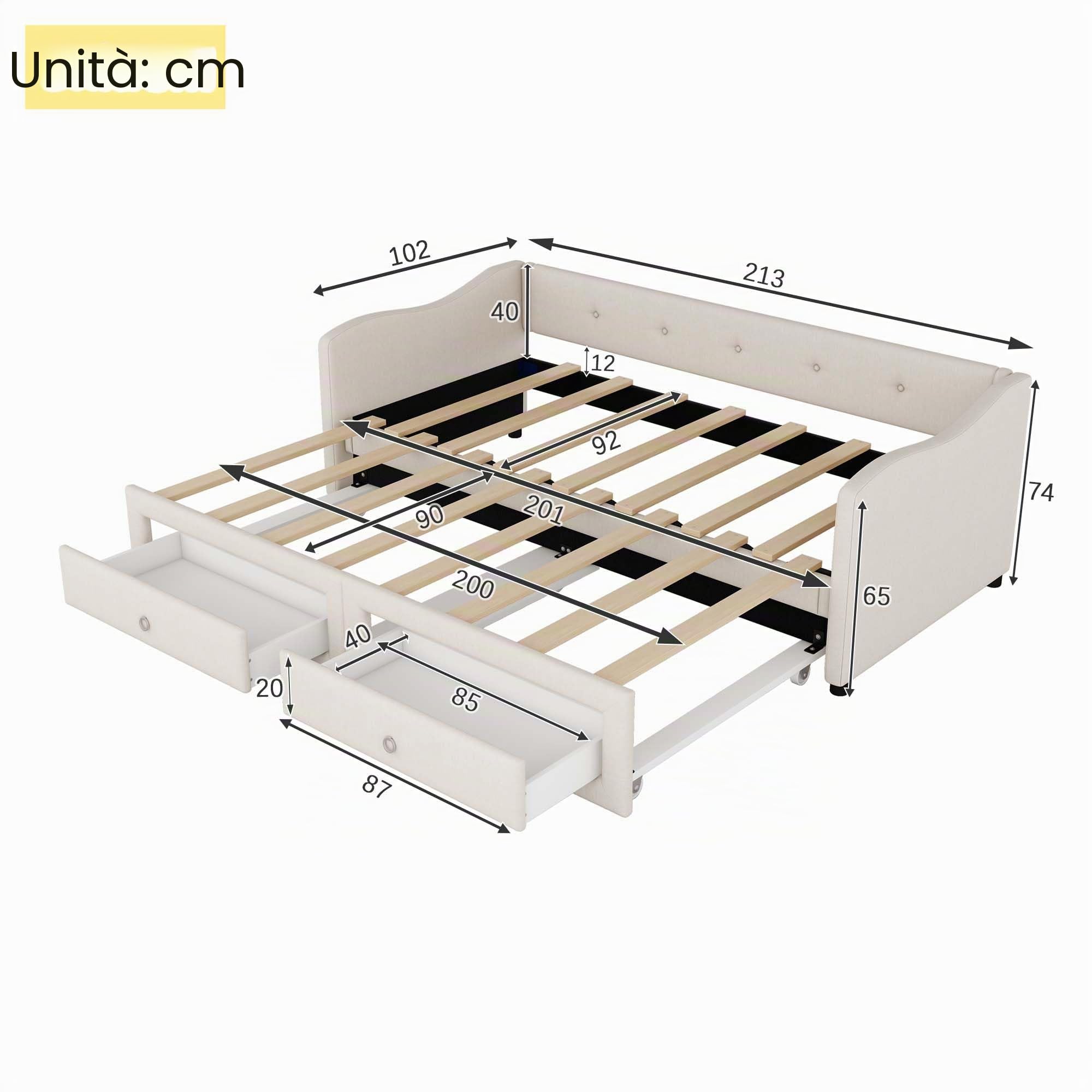 Lettino da giorno 90 x 200 cm con letto estraibile, divano letto con due cassetti, letto singolo (senza materasso), stile minimalista (beige)