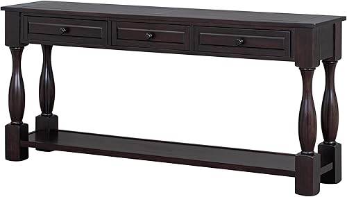 Miniatura 113 de Mesa consola de madera maciza de 48 pulgadas, mesa auxiliar moderna para sofá de entrada con 3 cajones de almacenamiento y 2 estantes. Fácil de