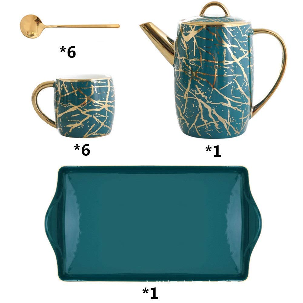 XINGYU Zestawy do herbaty kreatywne luksusowe złote wykończenie 6 szt. filiżanka do herbaty i łyżka z czajnikiem ceramiczna taca zestaw ceramicznych filiżanek do herbaty do domu i biura kawa herbata przyjęcie do domu