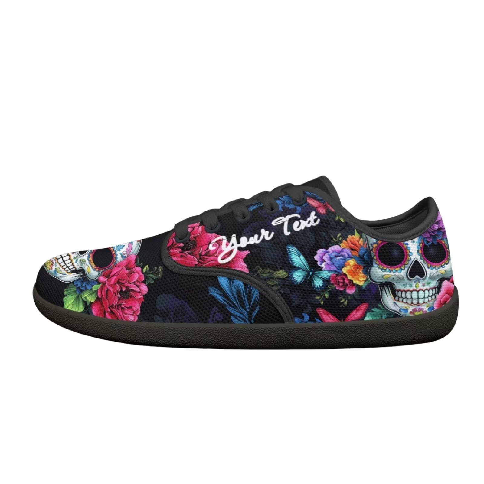 Binienty Sugar Skull Knit Tennis Shoes for Men Women Butterfly Floral Wide Toe Box Barefoot Running Shoes Customized with Your Name Design for Hiking, Camping, Gym and Everyday Wear