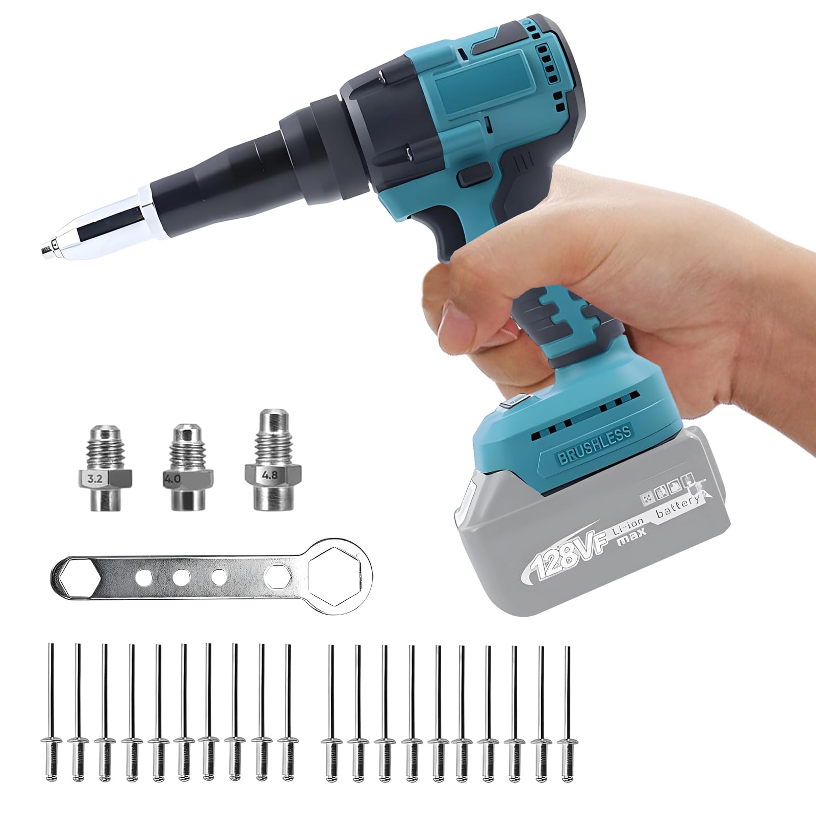 Pince à riveter sans fil compatible avec Makita 18 V | pistolet à écrou à riveter électrique 2 en 1, avec lumière LED, 20 KN, 20 rivets, adaptateurs 3,2/4,0/4,8 mm (sans batterie)