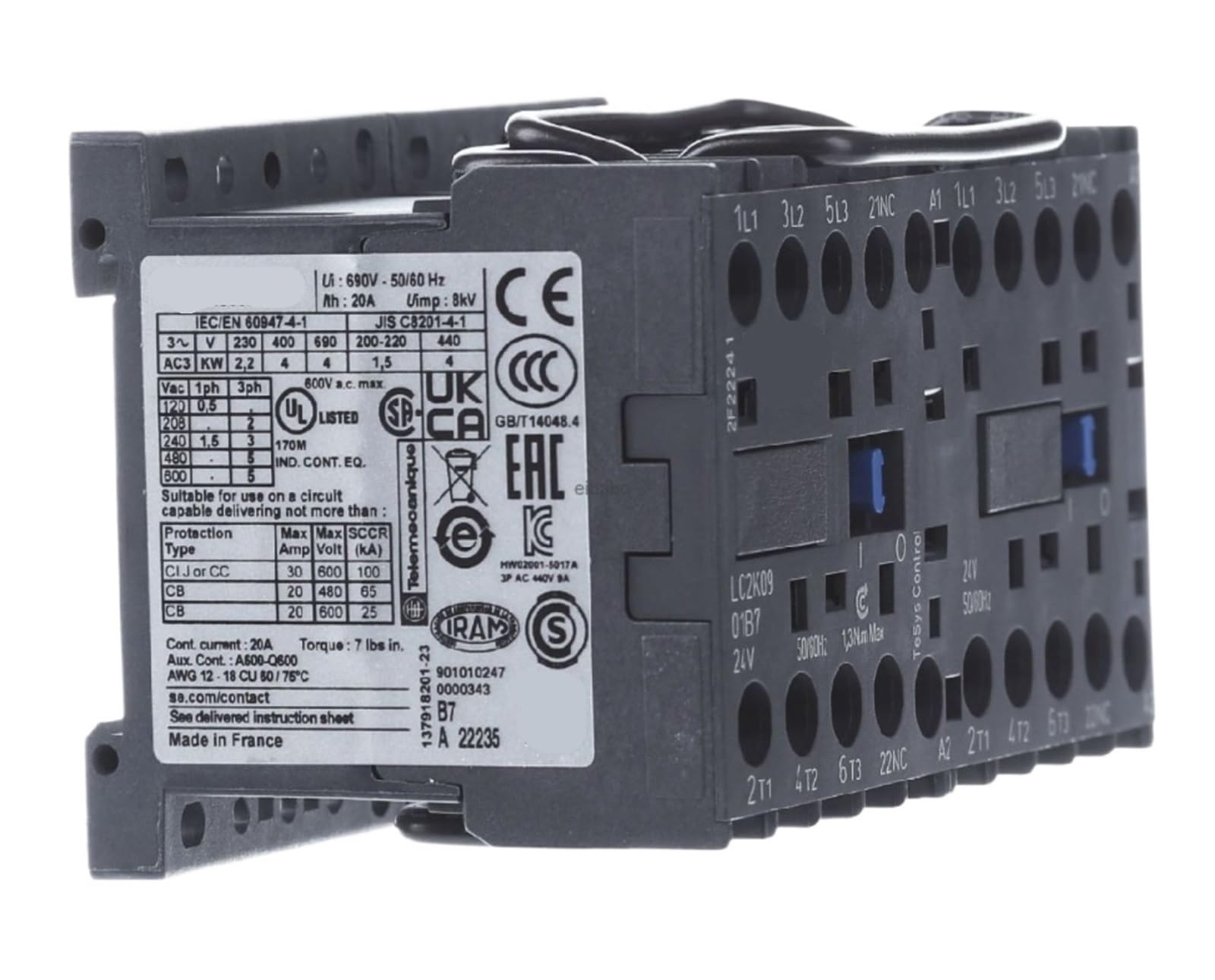 TPKMVGAP Reversing contactor - 3P - AC-3 = 440 V 9 A - 1 NC - 24 V AC coil LC2K0901B7