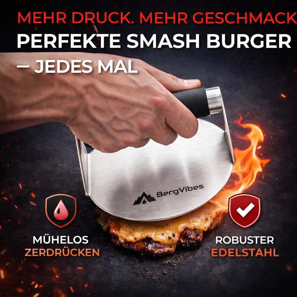 Smash Burger Set 6 TLG. aus Edelstahl für Plancha, 2 Burgerglocken, Burgerpresse, Smasher, Pattywender, Grillzange, Burger Smasher Set, das ideale Geschenkset (Exklusive)