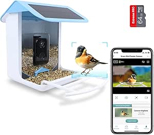Smart Bird Feeder Camera with Solar Panel, 1080P HD Bird Watching Camera, Auto Capture Bird Video & App Notify When Birds Detected, AI Identify Bird Species (Include 64G SD Card) asin的图片