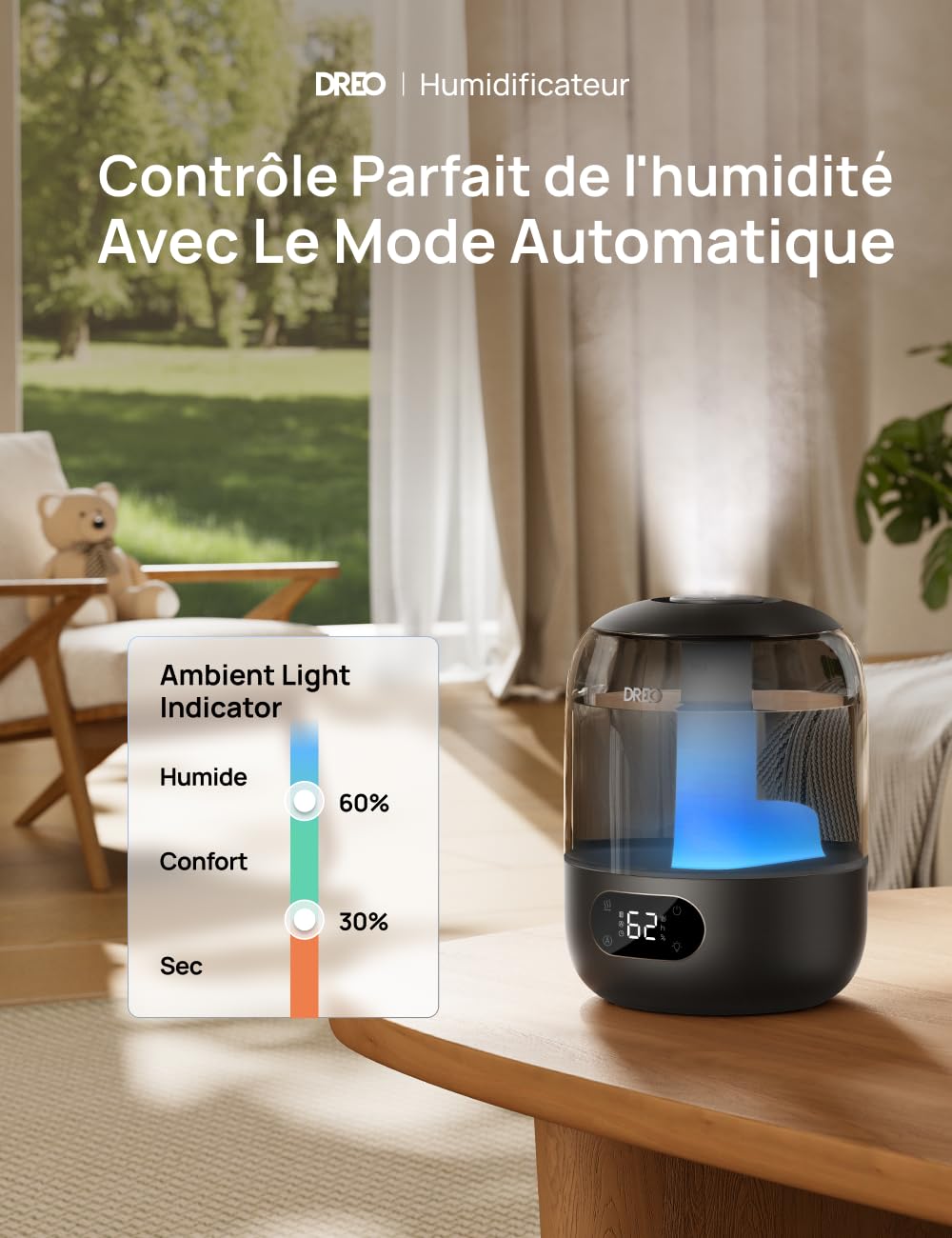 Dreo 3L Humidificateur Bébé Silencieux 26dB avec Capteur d’Humidité, Brume Fraîche Ultrasonique, Buse 360°, 30H Autonomie, Diffuseur d’Huiles Essentielles, Lumière d’Ambiance, pour Plantes, Noir
