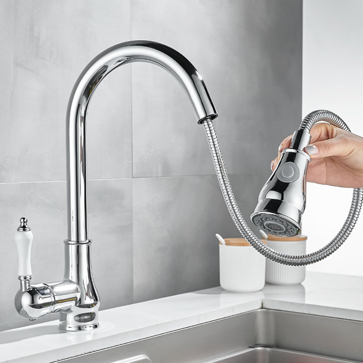 Grifo de cocina cromado mezclador cocina con ducha extraíble 2 modos