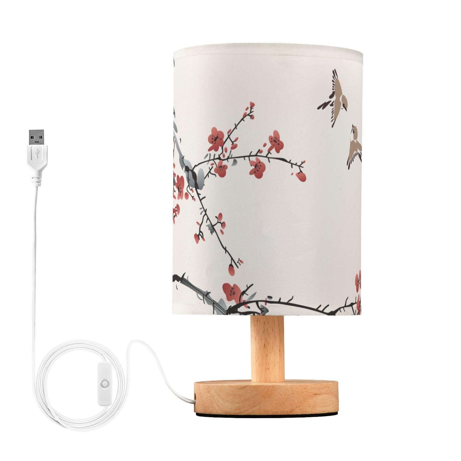 Bedside Table Lamp Japanese Cherry Blossom Nightstand Lamp with Wood Wintersweet Bird Vinter Floral Desk Lamps for Bedroom Living Room Nursery Office Home Decor