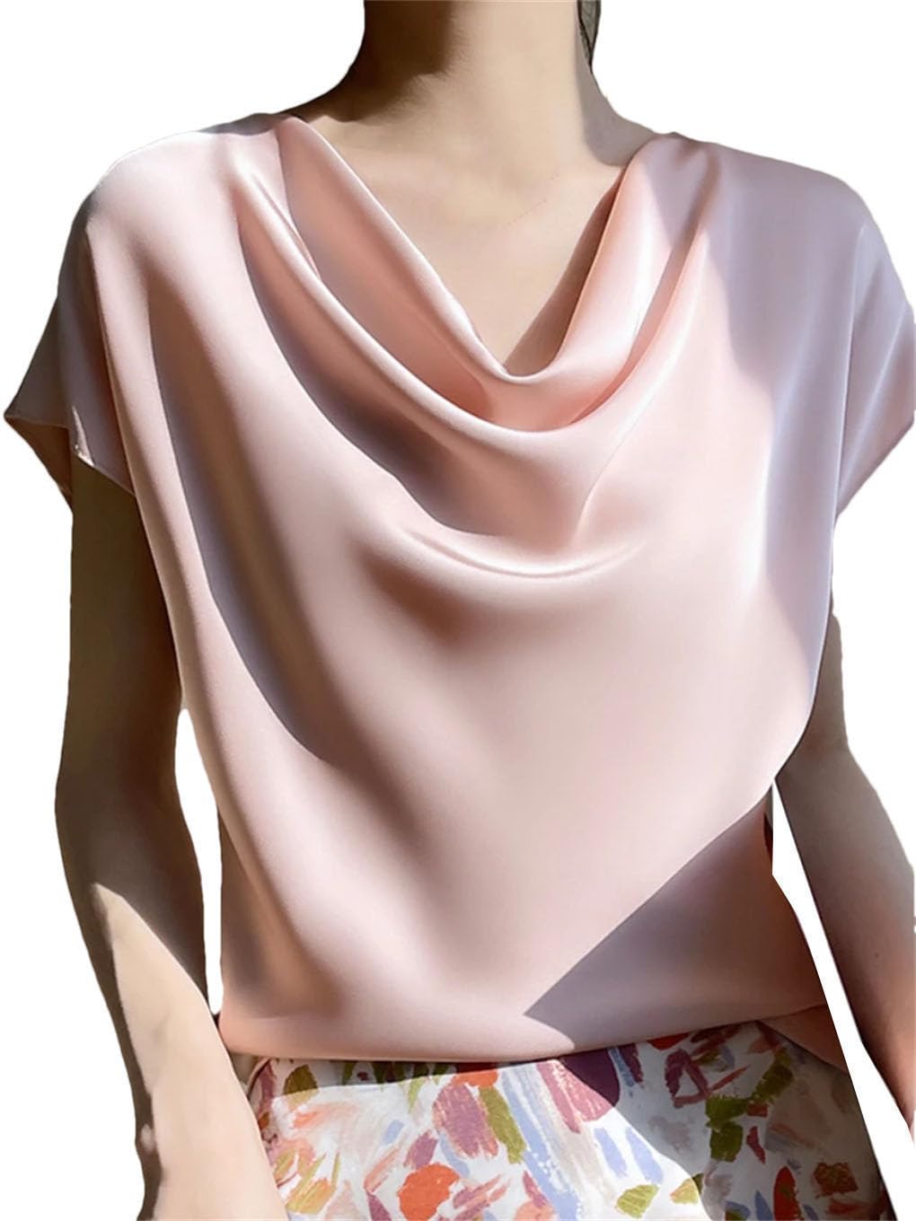 Camisetas de seda satinada de manga corta con cuello redondo para mujer, blusa informal para oficina