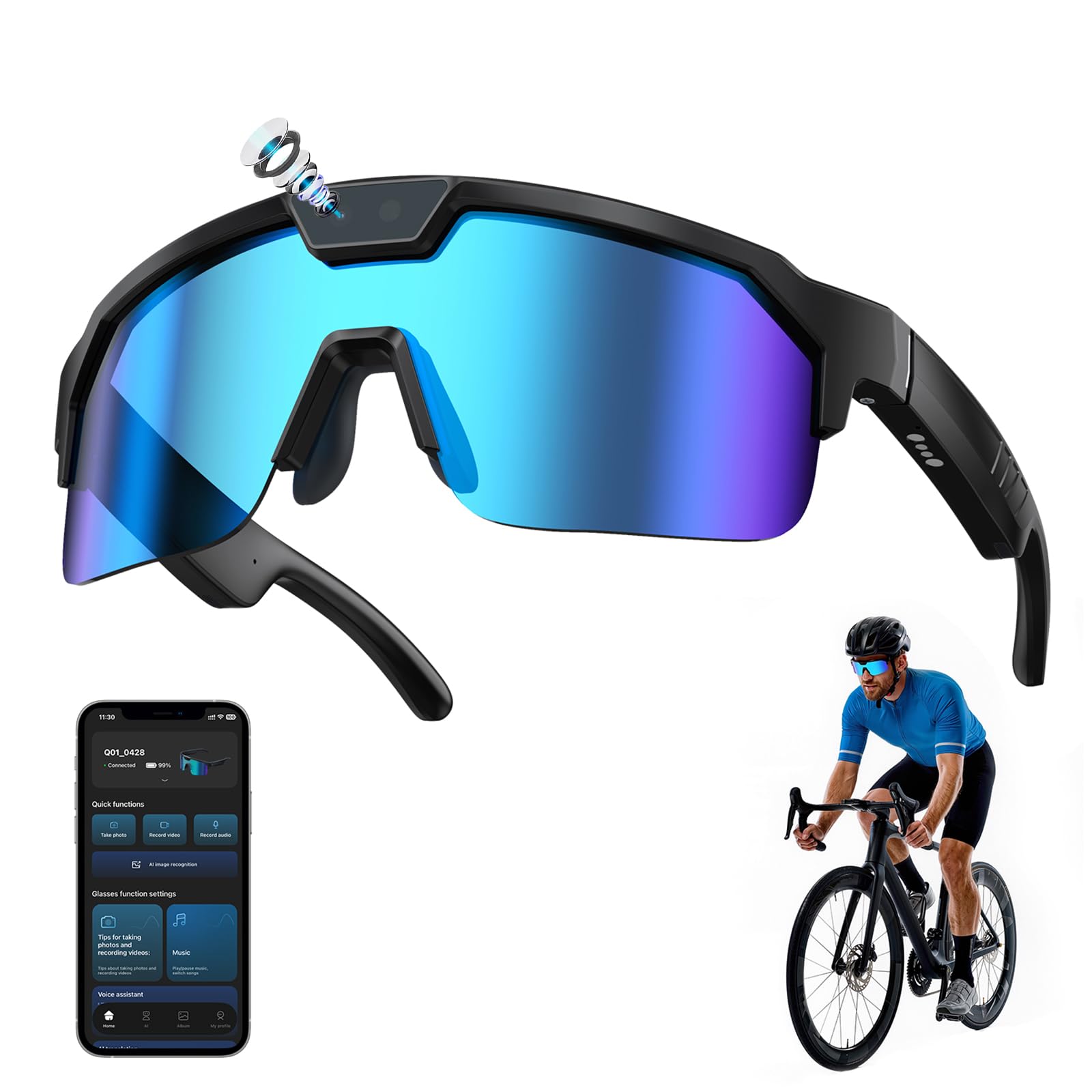 Smart Glasses mit Kamera, Bluetooth Sportbrille mit Speicher, Offener Lautsprecher Fahrradbrille, 8MP Kamera Brille mit Videoaufnahme und Foto, AI Smart Brille für Radfahren/Angeln/Laufen/Golf