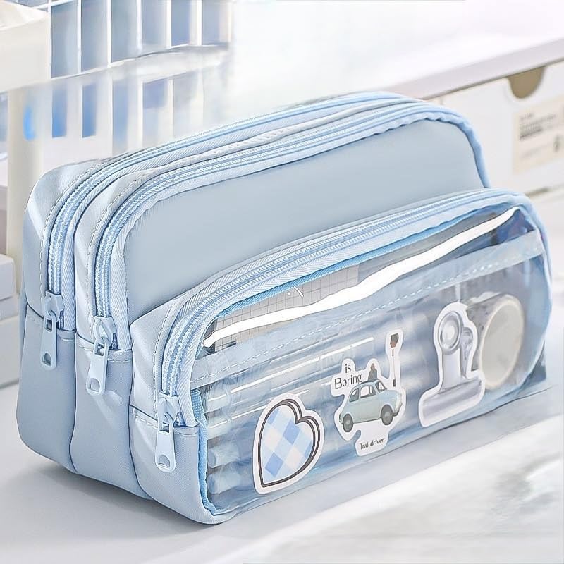 Image of U & U UNIQUE UTILITIES Pencil Pouch for Girls Aesthetic | Large Capacity Pencil Case | Cute Pouches for School Girls | Pouch for Stationery (Baby Blue)