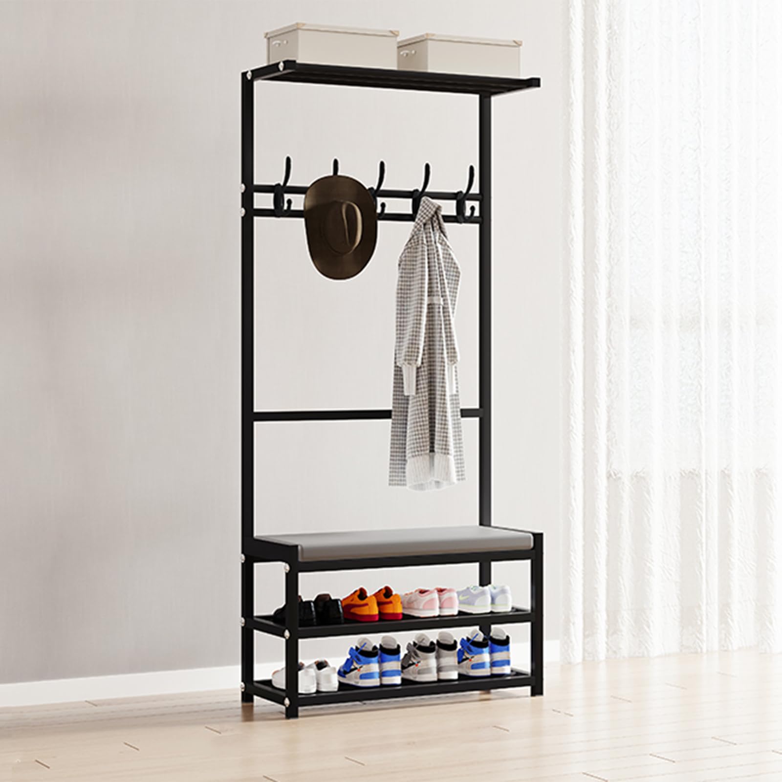 SWENEEN Freestanding Rack Storage Entryway Tree Stool,Sturdy Frame Nized Coat For Entryway,Black-60 25.5 160cm