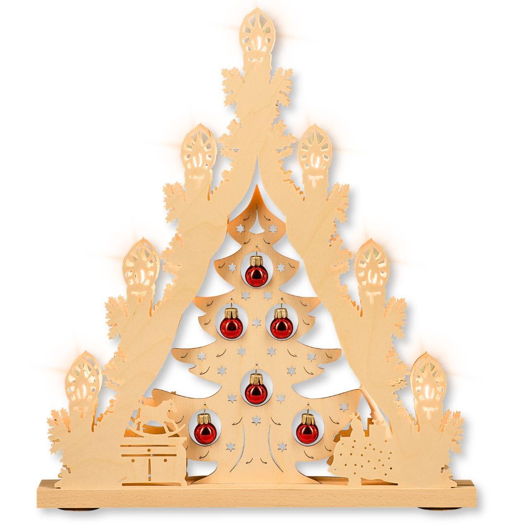 weigla - Lichterspitze original Erzgebirge I Motiv Weihnachtsbaum mit roten Kugeln I LED Lichterbogen Weihnachten I 7 Lampenkerzen + 1 Ersatzlampe I 7 x 34 V, 0,2 W, E10 I Weihnachtsdeko innen