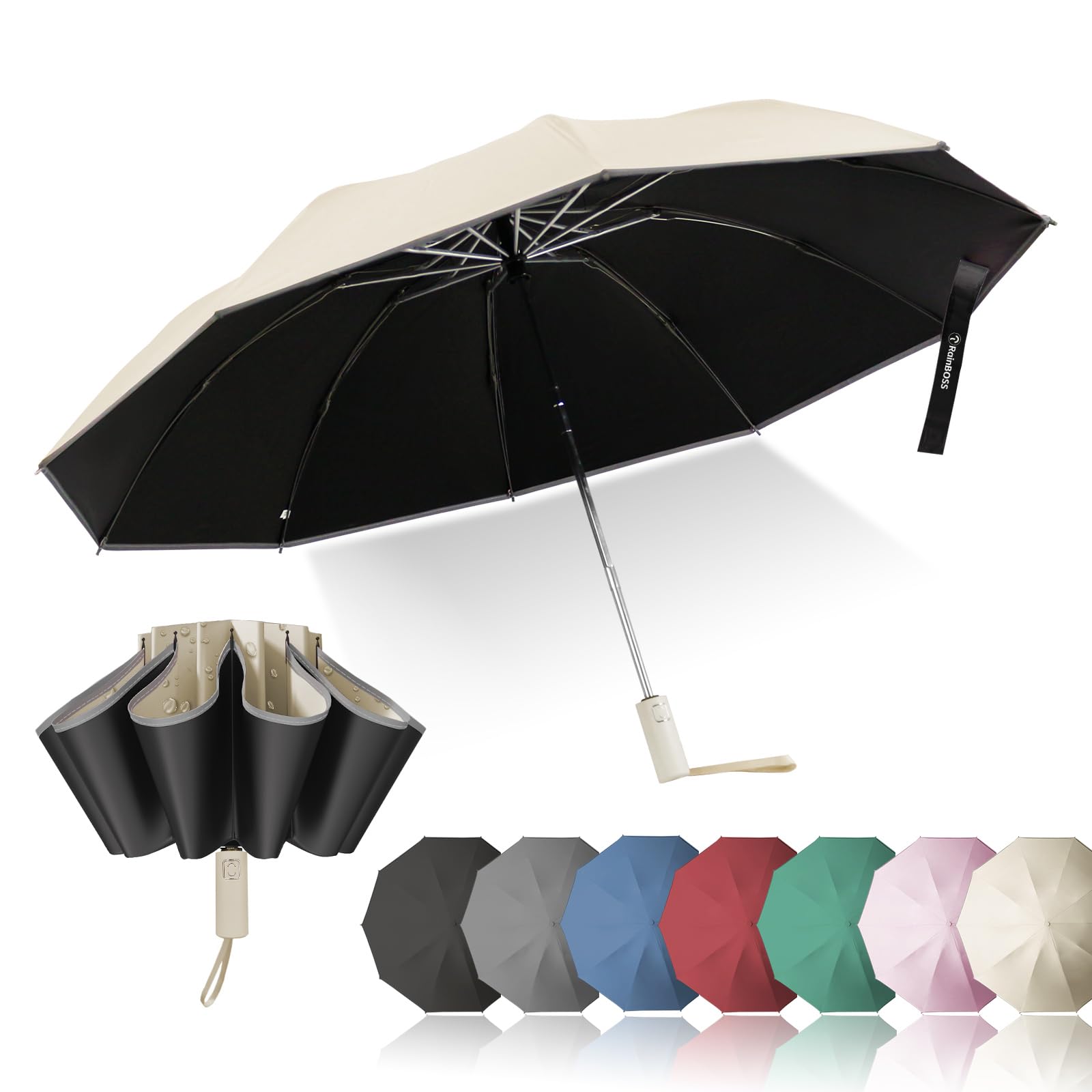 RainBOSSAutomatic Travel Umbrella with 10 Ribs, Large Windproof Umbrellas for Rain & Sun, Compact Folding Inverted Umbrella with Reflective Stripe