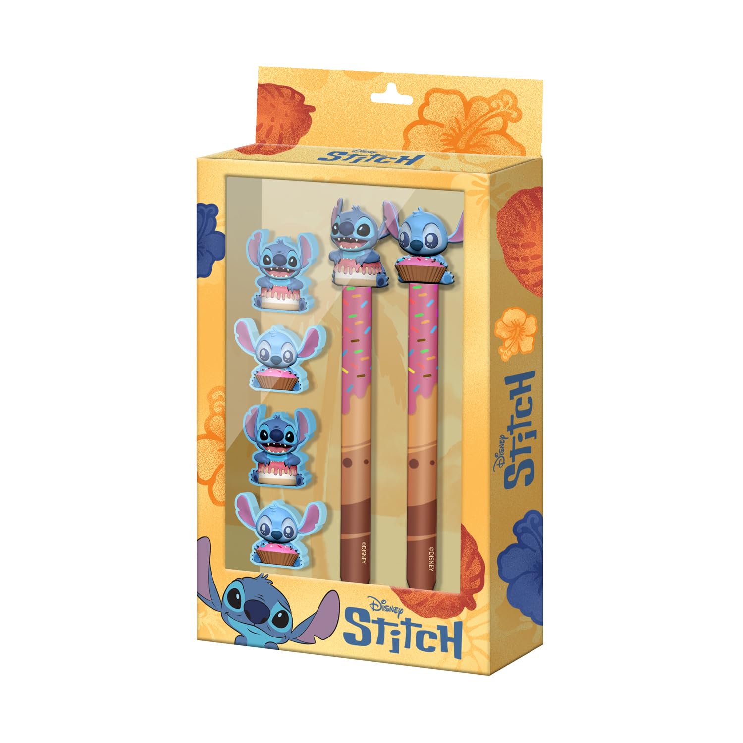Disney Lilo und Stitch Mix-Set mit Radierbarer Gelstift + Ewiger Bleistift + 4 Radiergummis, Gelb, 14 x 23 cm