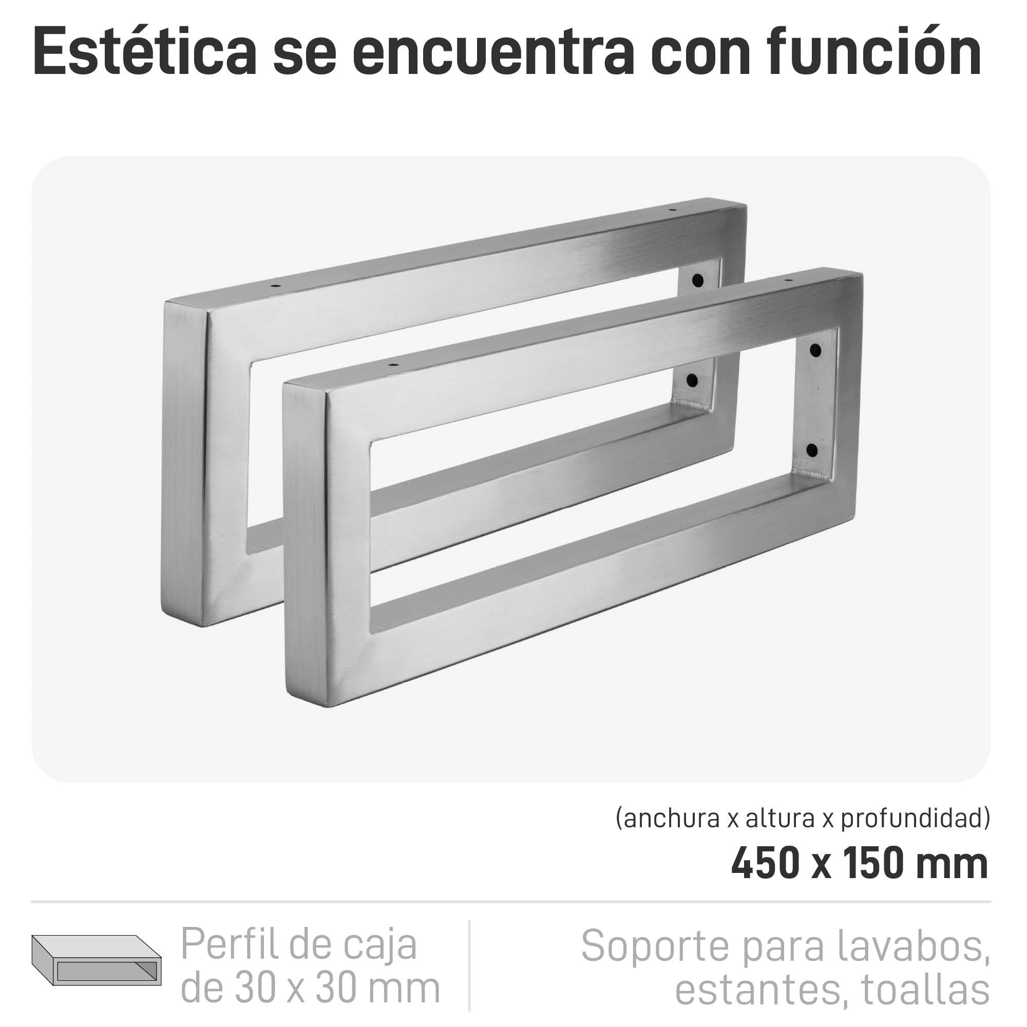 Natural Goods Berlin 2X Escuadras para Estanterías Rectangular | Soporte para Estante de Pared y Lavabo | Montaje en Pared Sencillo | Soporte de Acero Inoxidable | Toalleros de Baño | 450 mm