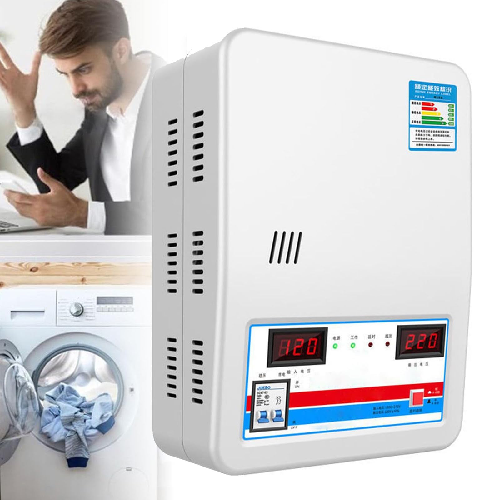 Estabilizador De Voltaje 220V 15000W,Estabilizador De Voltaje De Potencia Automático con Pantalla Digital Dual,Regulador De Aire Acondicionado De Alta Potencia Cobre Puro para El Hogar