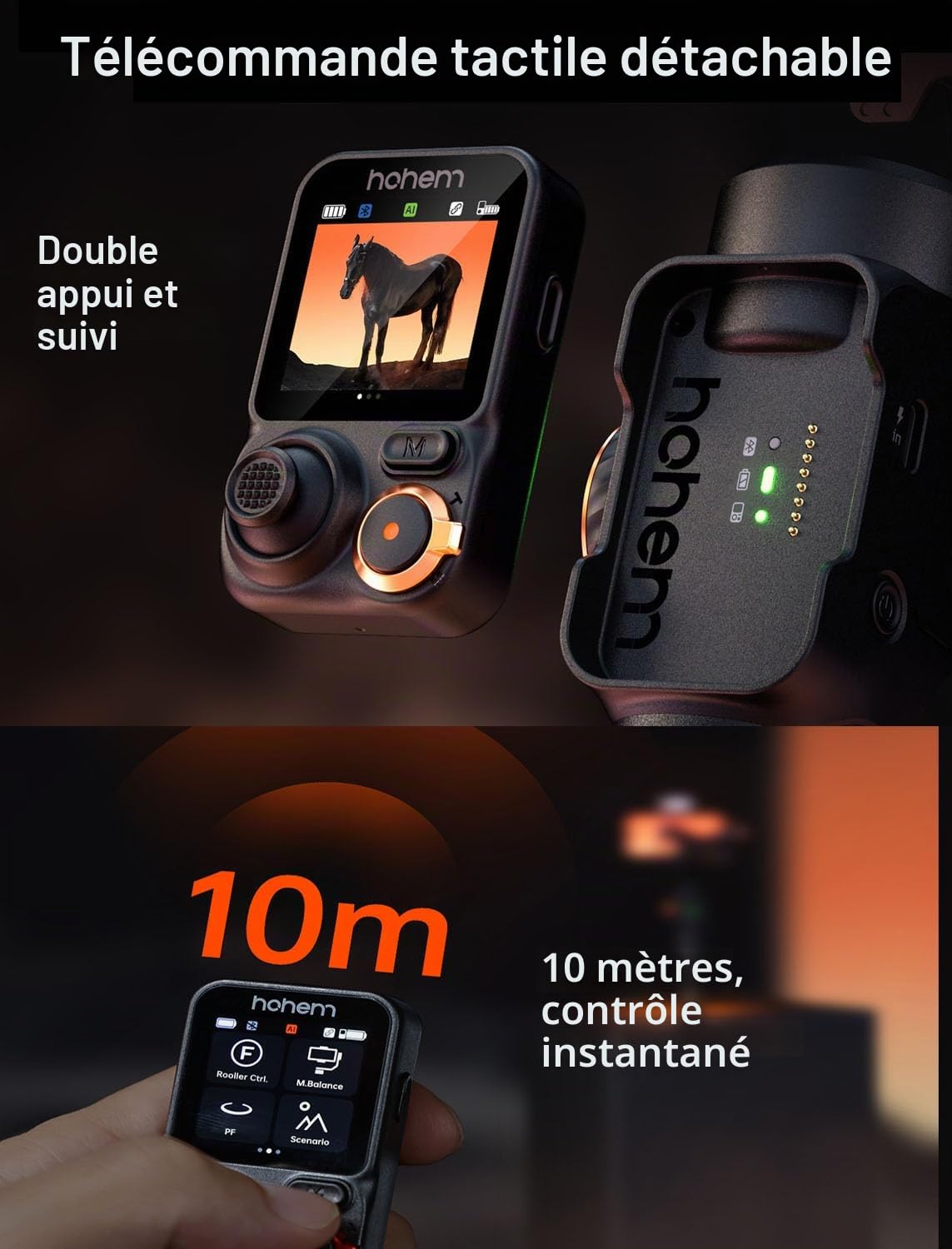 hohem iSteady M7 Stabilisateur de cardan pour iPhone, cardan de téléphone à 3 axes avec lumière magnétique de remplissage de traceur d'IA, télécommande amovible pour écran tactile, barre