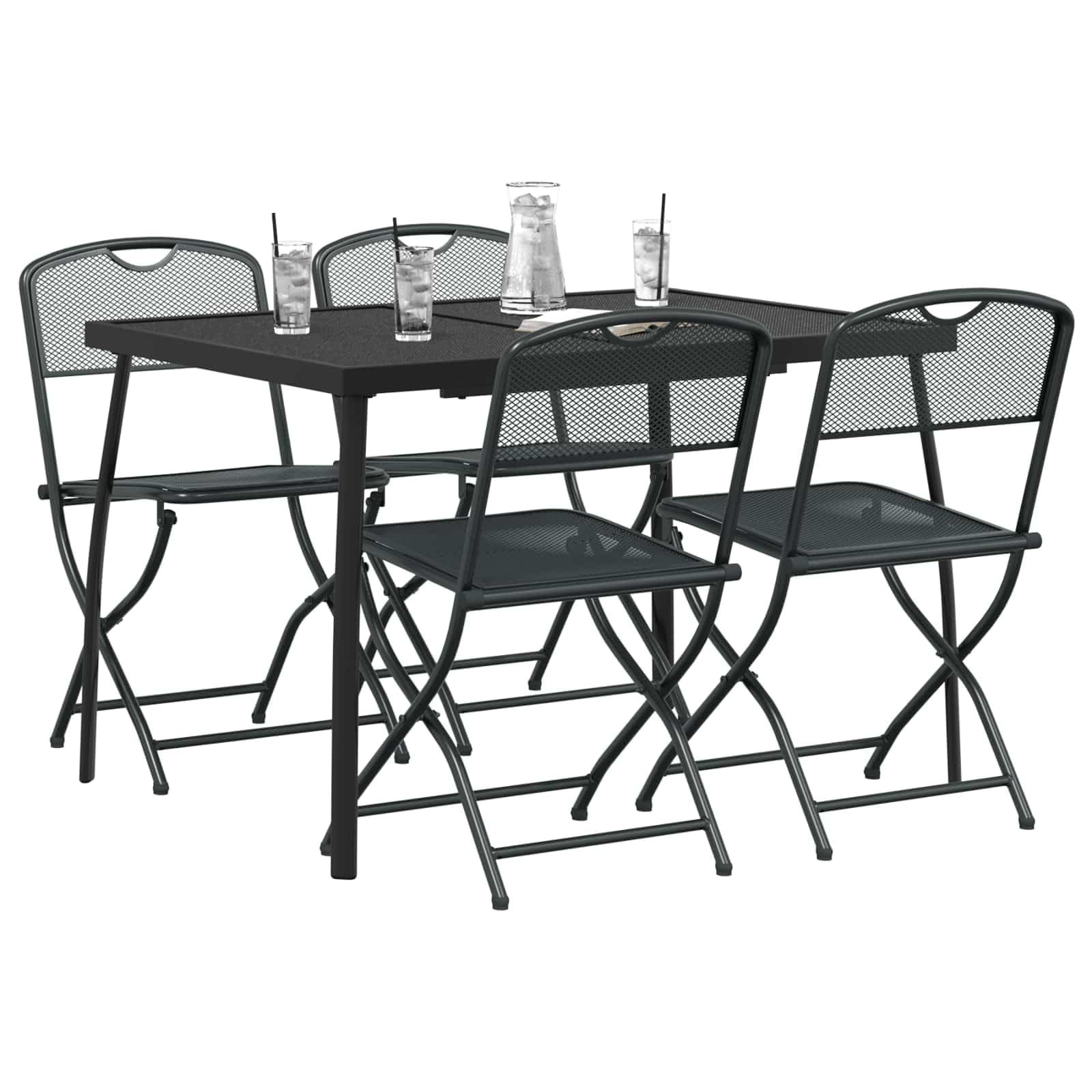 Set di mobili da giardino, 5 pezzi, colore antracite, set da pranzo per giardino e terrazza, in ferro e acciaio, con tavolo in rete da 110 x 80 cm e 4 sedie pieghevoli