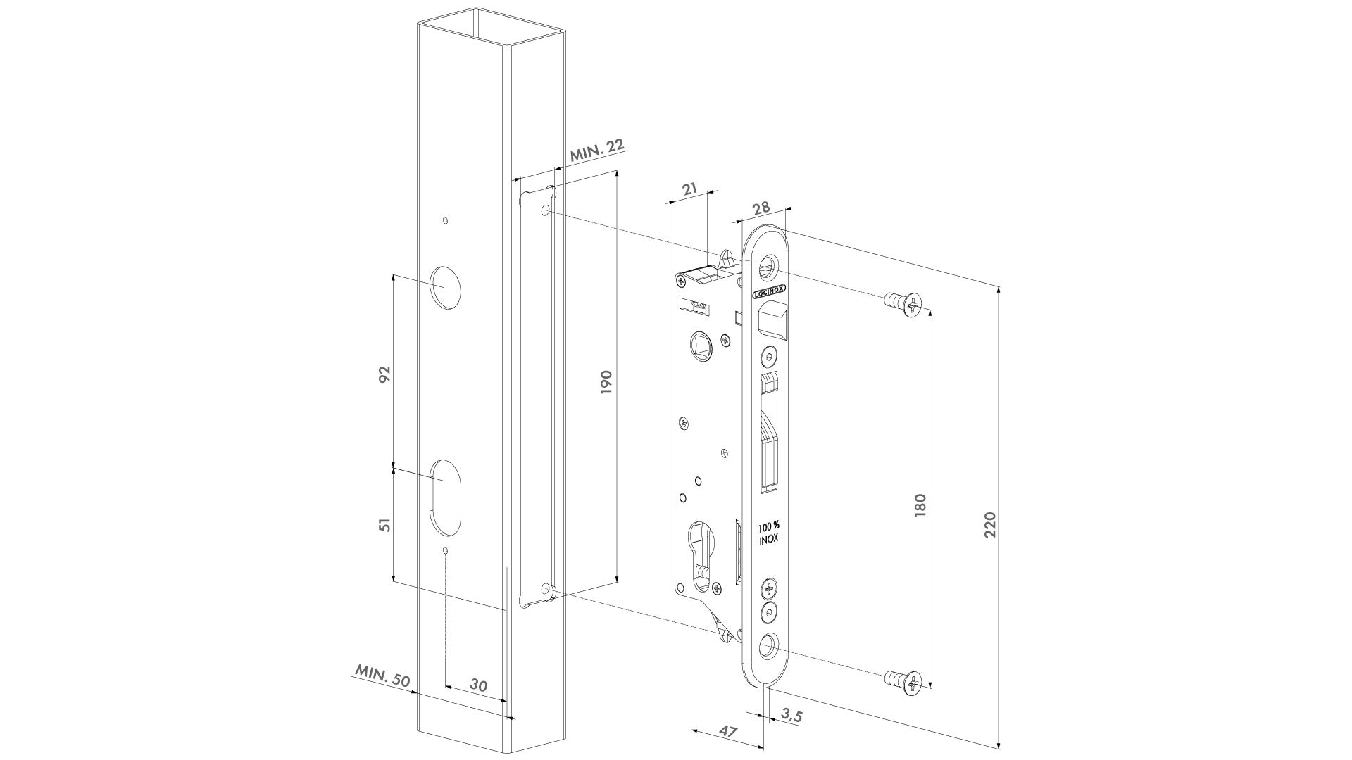 LOCINOX FIFTYLOCK Einsteckschloss für 50 mm Profile