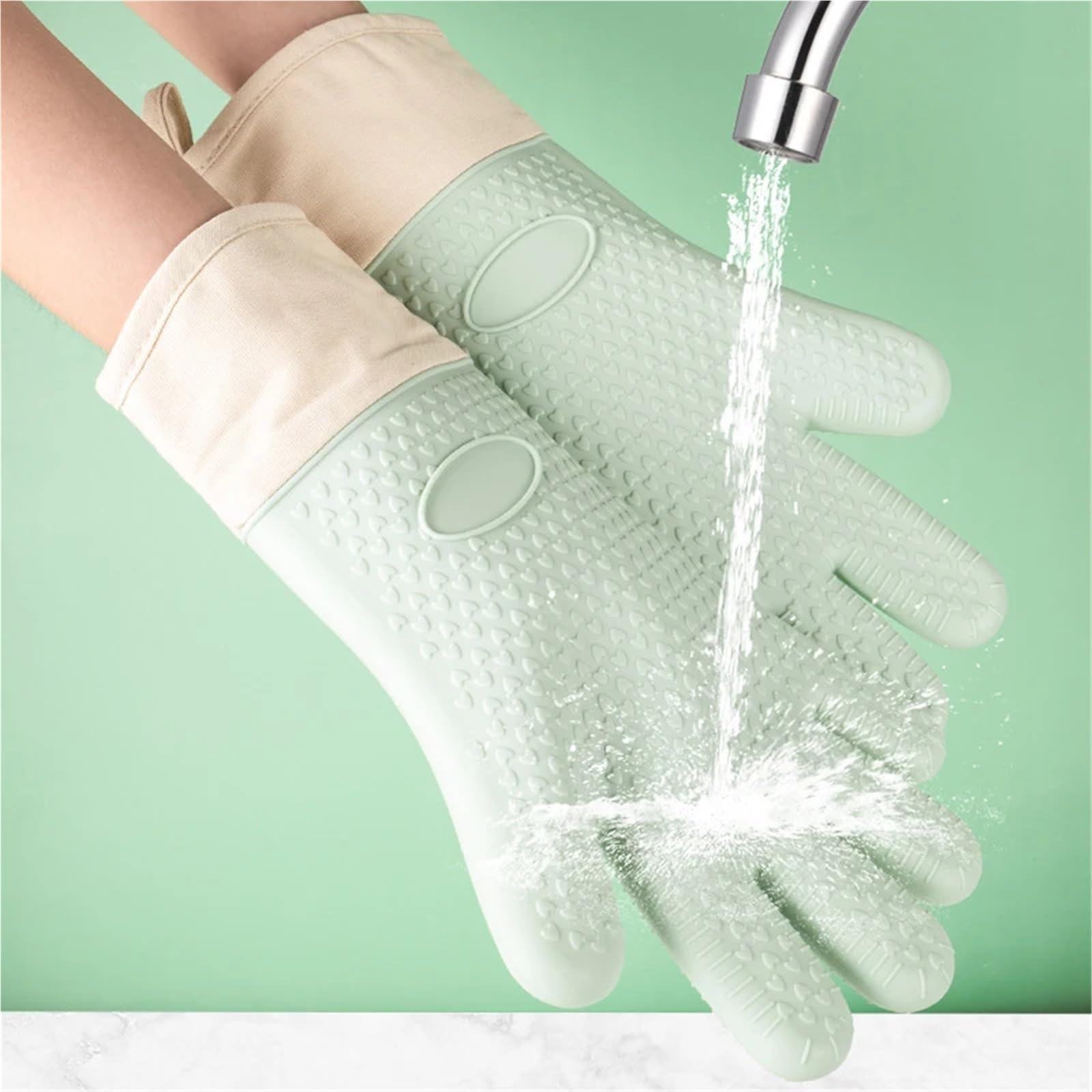 1 par de Guantes for Barbacoa Silicona Resistentes al Calor for Horno microondas Cocina for ignífugos y Antideslizantes para Barbacoa(Long Green)