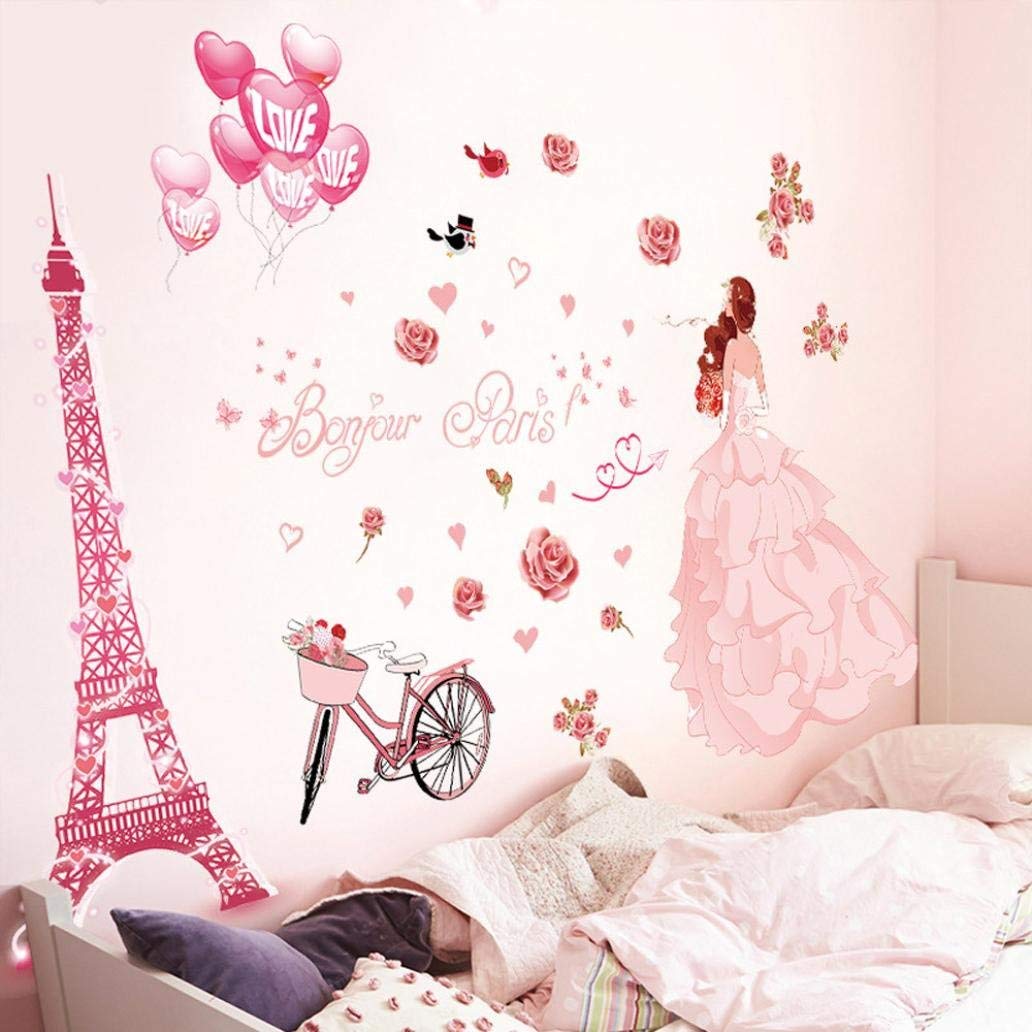 Iuhan Bonjour Paris Wall Sticker Lovely Sweet Girl with Rose Mural Decor Bedroom Home Sticker Wall