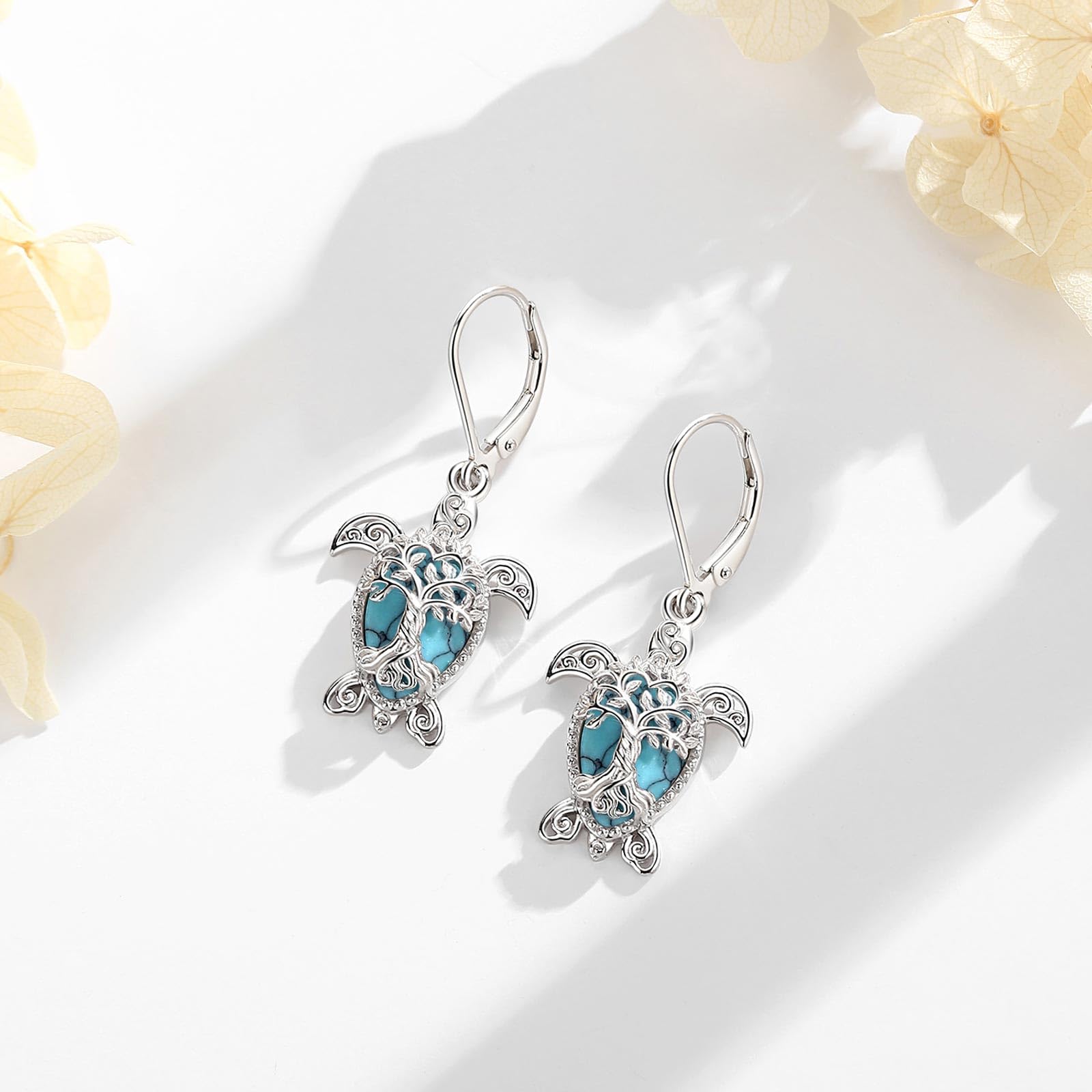 Sterling Silber 925 Lebensbaum Türkis Mondstein/Schneeflocke/Vintage Schlange Mond/Sonnenblume/Niedlich Ozean Hochlandkuh Ohrringe Schmuck Ohrstecker Geschenk für Damen Frauen