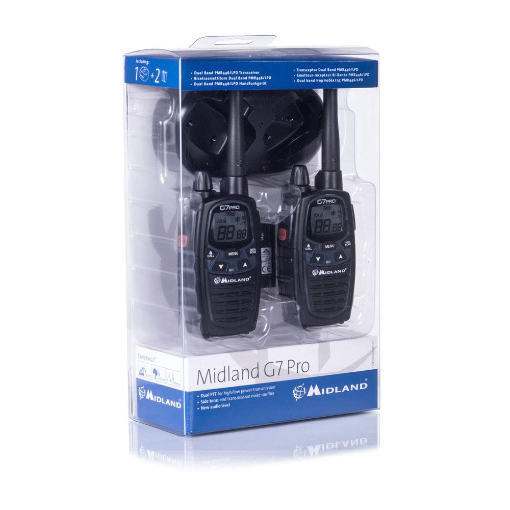 Midland G7 Pro doppio - OLD VERSION - Kit Radio Ricetrasmittente Walkie Talkie Dual Band 8 Canali PMR446 e 69 Canali LPD - 2 Ricetrasmettitori, 2 Set Batterie Ricaricabili