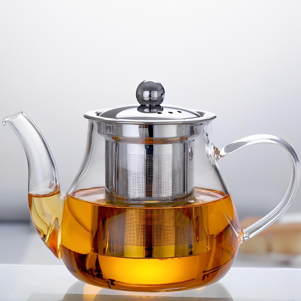 Teiera in Vetro da 800ml, Teiera Resistente al Calore in Vetro Borosilicato Trasparente con Filtro in Acciaio Inox, piccola teiera per foglie sfuse, erbe, frutta, bubble tea | Infusore Tè