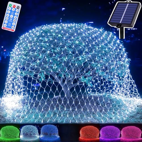Guirnalda de luces solares de Navidad para exteriores, cadena de luces de malla impermeable IP66 con temporizador y control remoto, 8 modos de iluminación, para uso en interiores y jardines