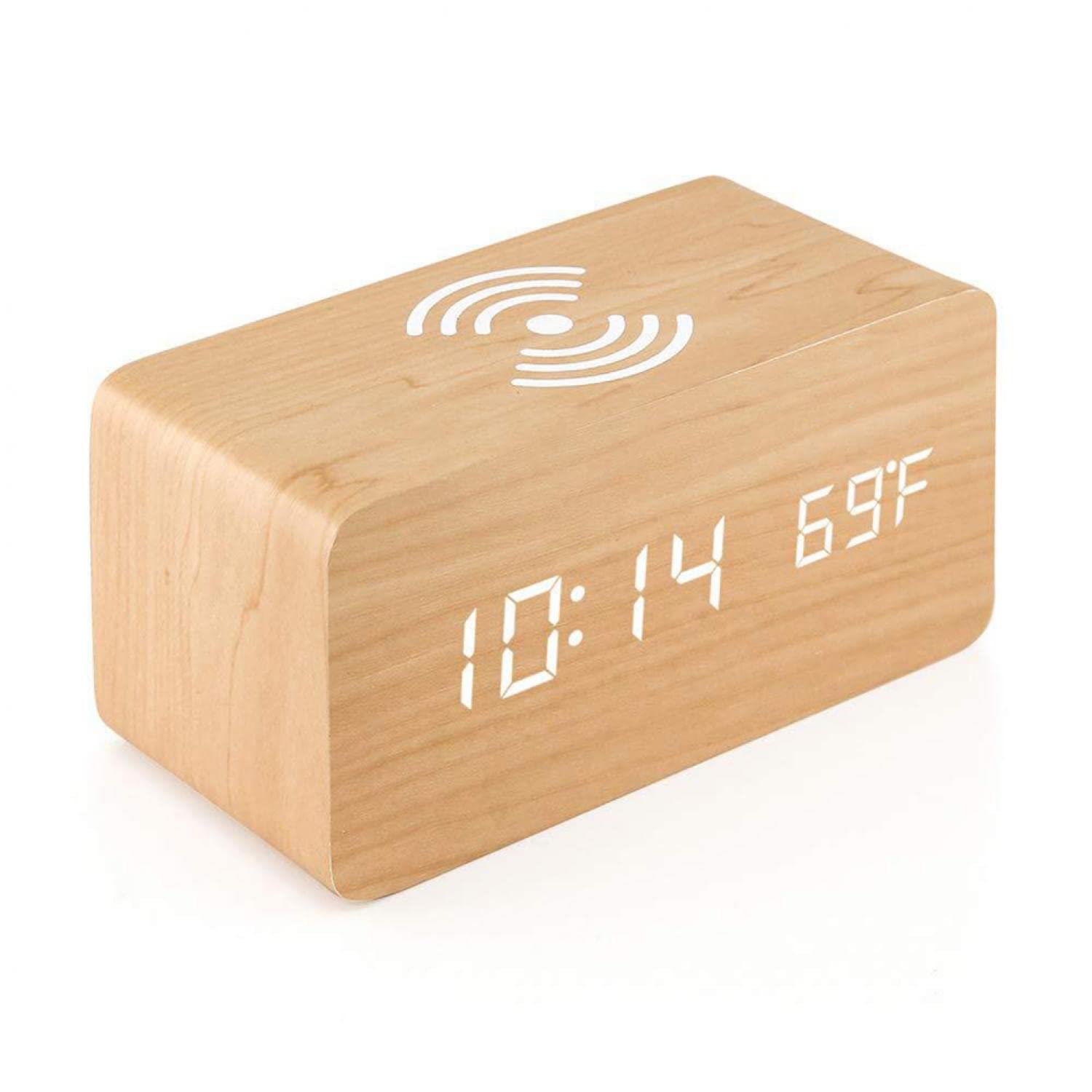 HOHOVYVY Digital Alarm Clock with Wireless Charging, 10 W Fast Wireless Charger for Phone, USB Charger and Dimmable LED Display, Mains Powered, for battery Backup, Speaker, Wooden ( Wood White)