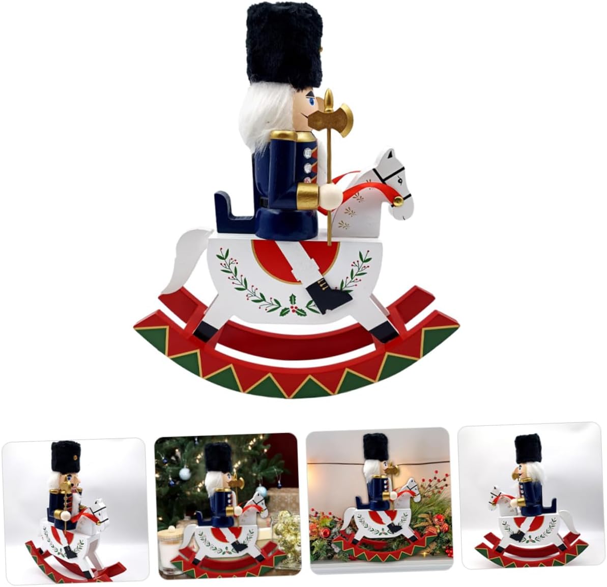 Christmas Nutcracker Puppet Rocking Wooden Horse Nutcracker Soldier Figurine Tabletop Decoration for Holiday and Christmas Party Home Display