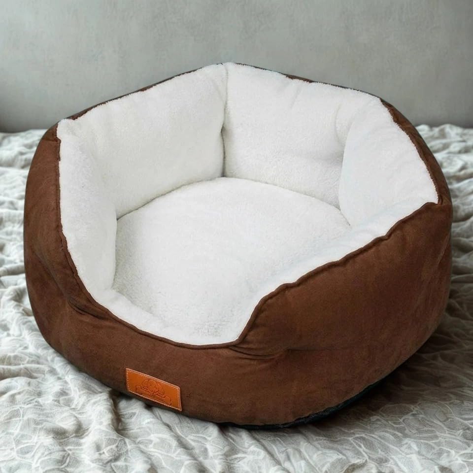 Dolce Vari Dog Bed Cat Bed Soft Washable Fleece Puppy Cushion Warm Plush Pet Basket Sleeping Bed (Brown, Medium 53x63x20)