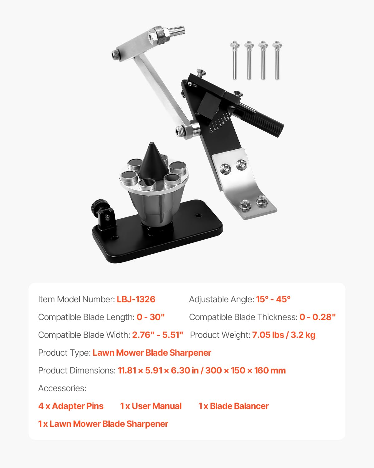 VEVOR Affûteur de Lame de Tondeuse à Gazon 15°-45° Outil d'Affûtage Réglable avec Équilibreur de Lames, 4 Adaptateurs, Roulement à Billes, Poignée 25 mm, Compatible Plupart Meuleuse Angle Non Incluse
