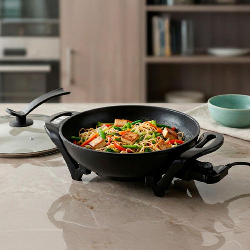 Jocca-Wok Eléctrico Multifunción 32 cm con Tapa de Cristal, Revestimiento Cerámico Antiadherente, Termostato Ajustable, 1600W, Ideal para Saltear, Freír y Cocinar al Vapor