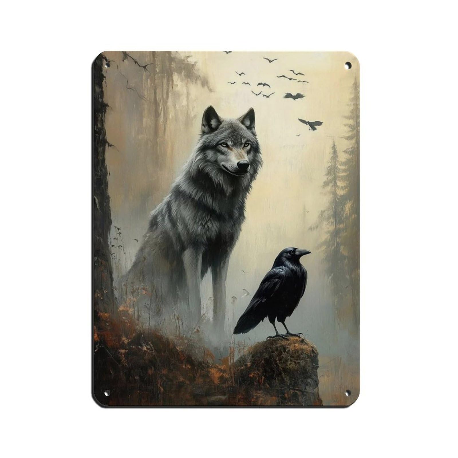 Wolf And Raven Art, Dark Gothic Fantasy (2) Tin Sign Vintage Metal Pub Club Cafe Bar Home Wall Art Decoration Poster Retro 12x16inch(30x40cm)