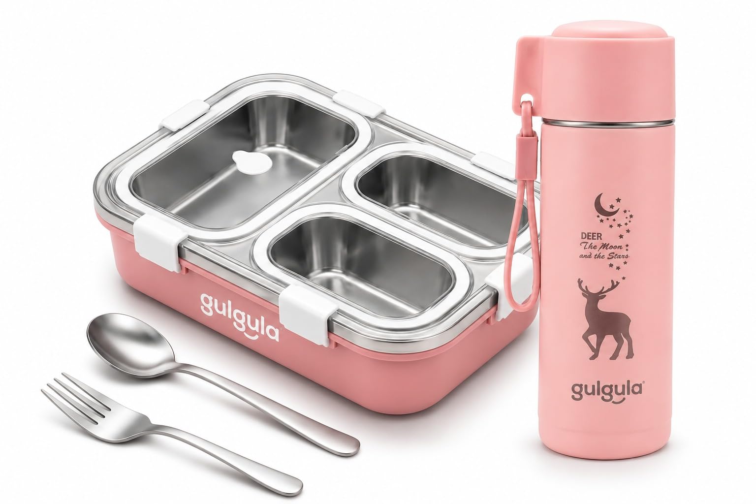 Stainless Steel 3 Compartment Lunch Box with Leakproof Lid, Reusable Water Bottle & Spoon Set, Bento Style Tiffin Box for School, Office, College, Picnic, Travel & Daily Meal Storage (Pink)-image-48