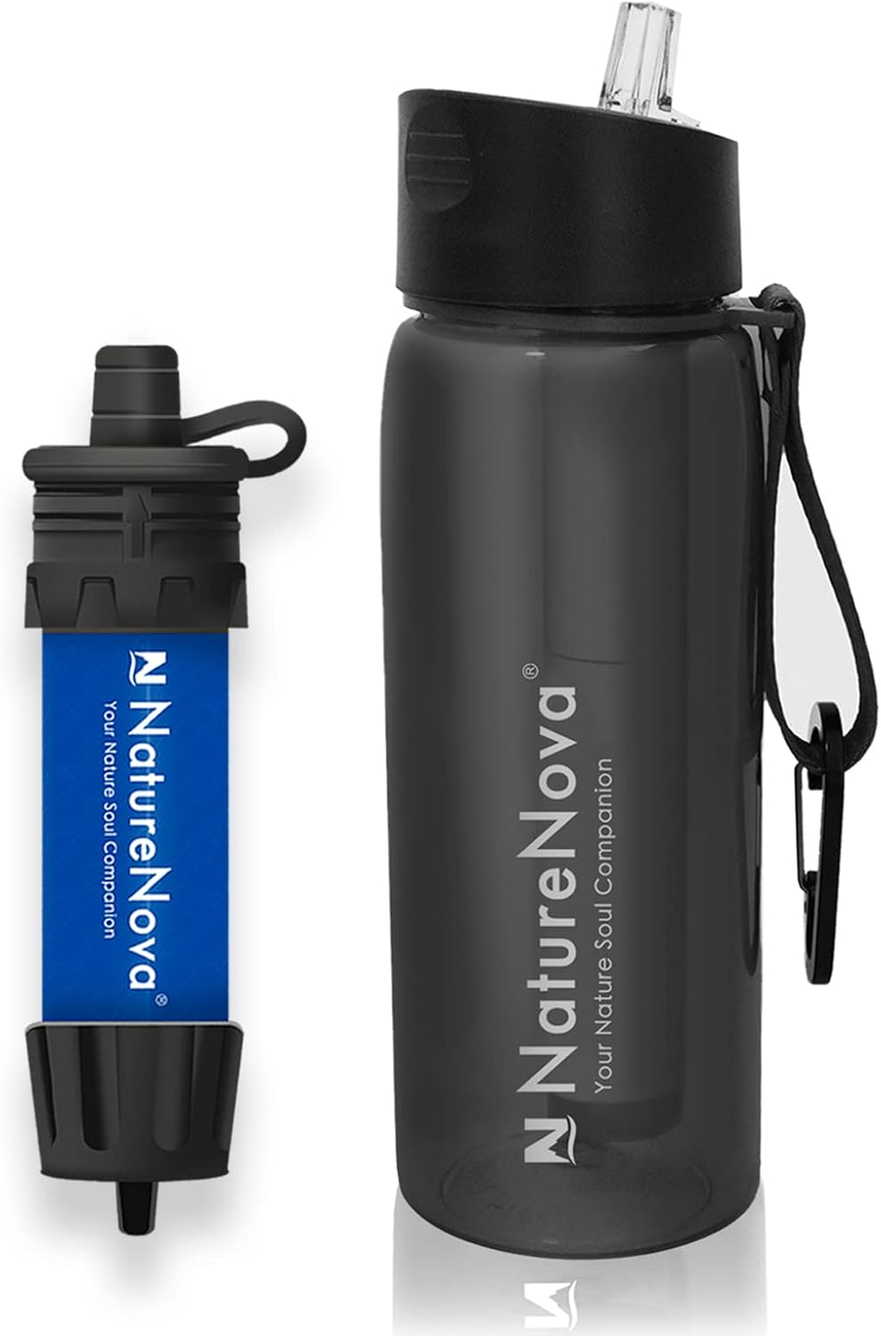 Mini Water Filter NatureNova Portable Emergency Water Filtration(1 Pack,Blue) with Naturenova Water Filter Bottle(1 Pack Black)