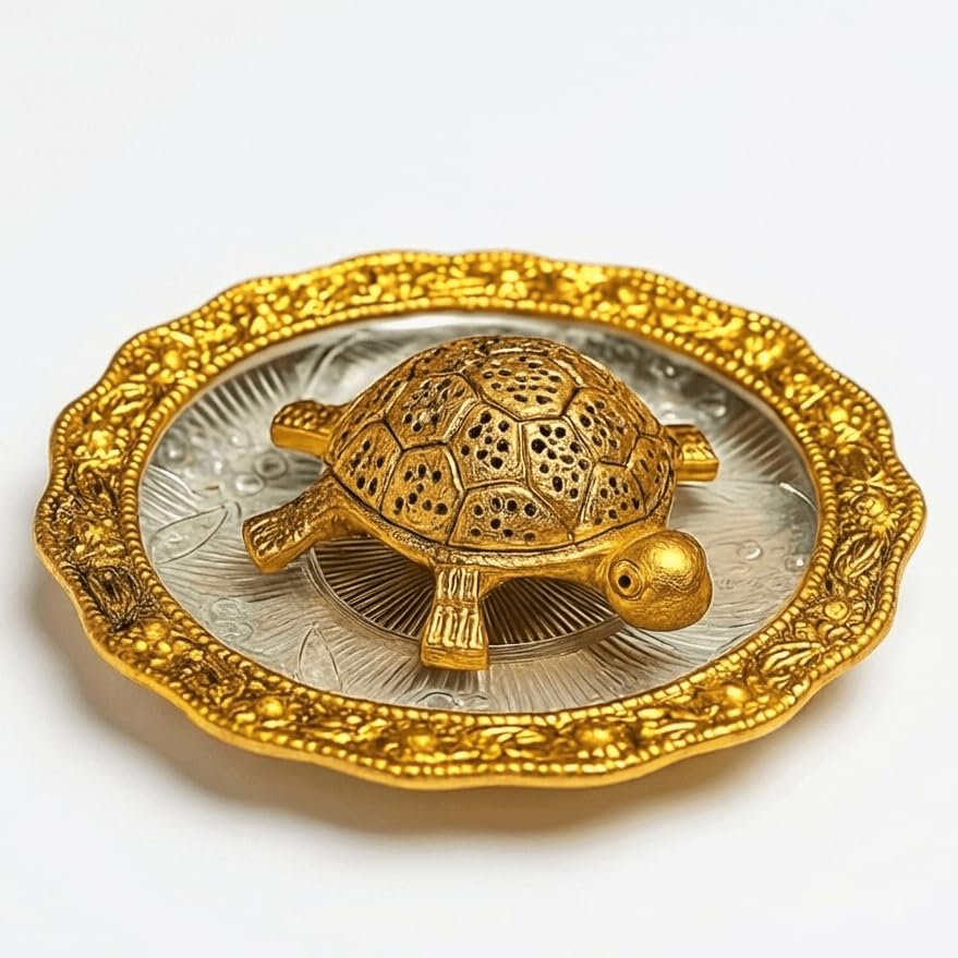 Image of Metal Tortoise Figurine with Brass Finish and Decorative Plate - Feng Shui Tortoise for Good Luck, Prosperity, and Longevity, Antique Home Decor, Perfect for Office and Living Room, 13.6 cm