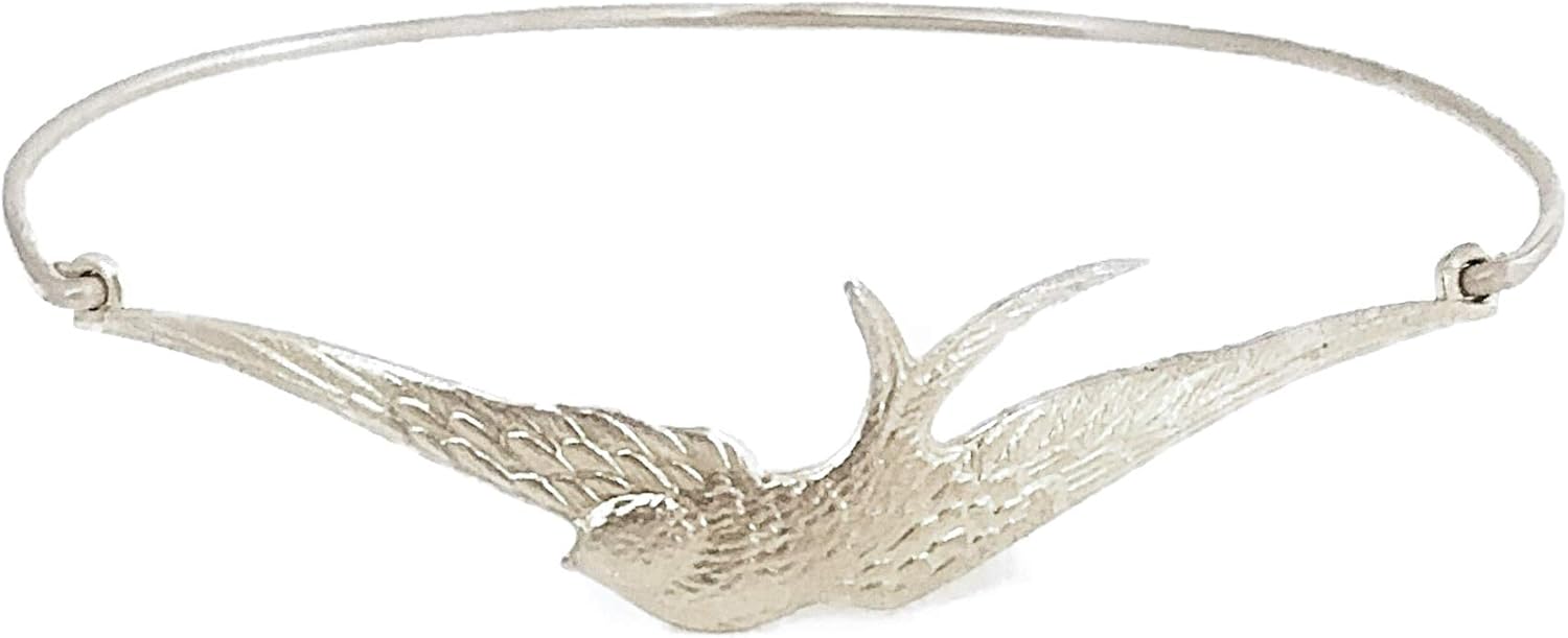 Frosted Willow Bird Jewelry Gift Collection Claspless Sparrow Bangle Bracelet (Silvertone, 8 Inch)