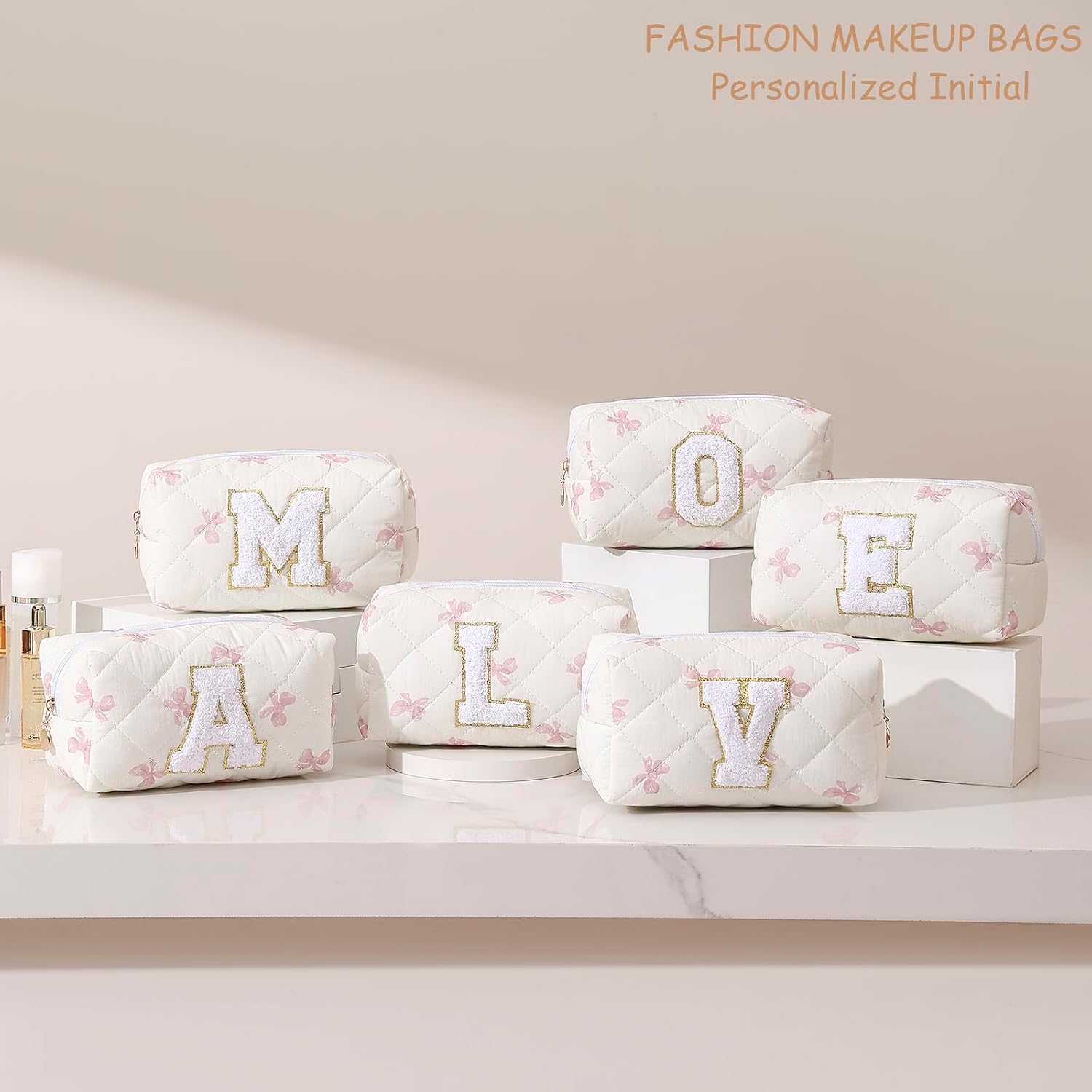 Gleyemor Personalized Initial Makeup Bag for Women, Cute Quilted Pink Floral Cotton Cosmetic Bag, Christmas Gifts for Her Mom Friend Sister Bridesmaid Teacher Women A image 5