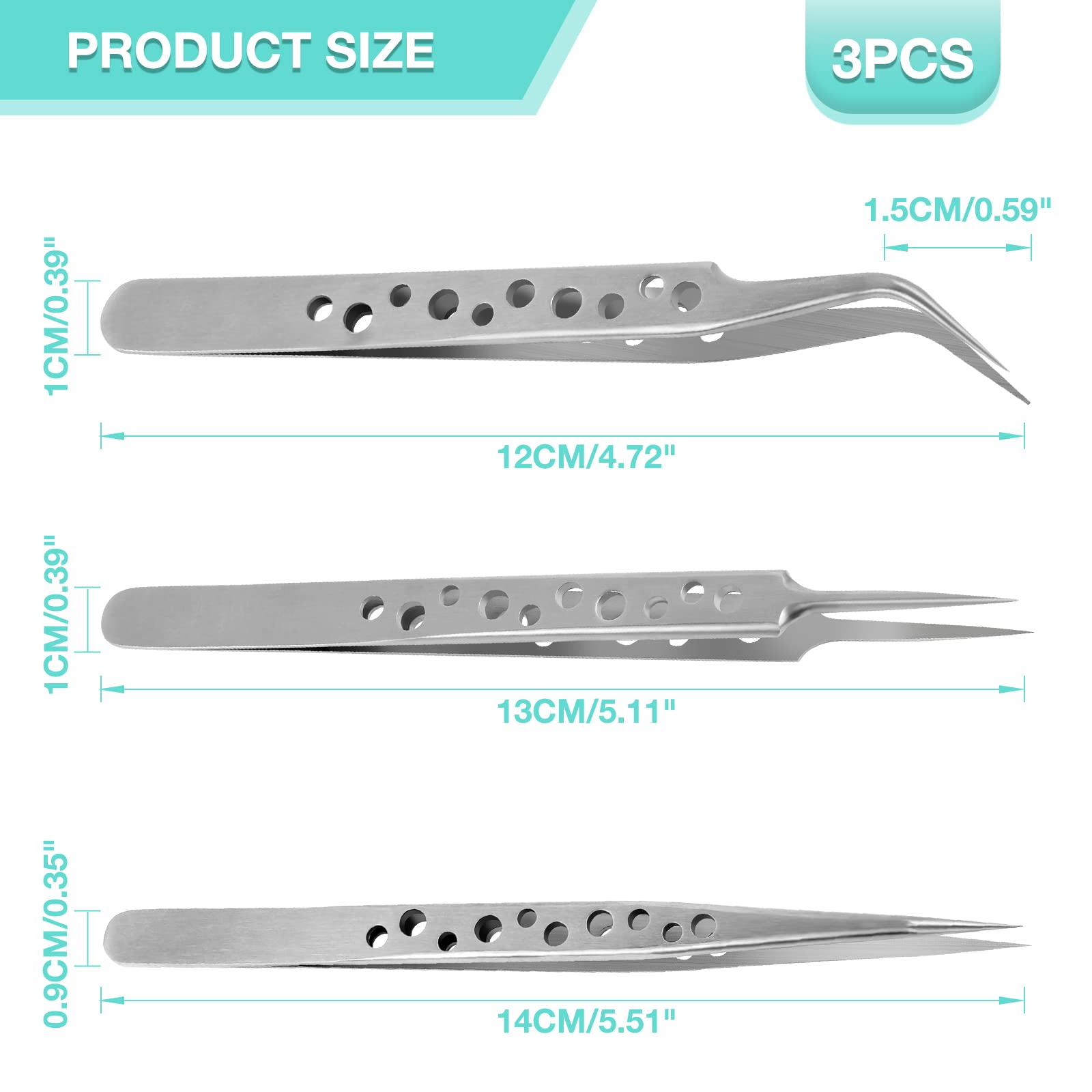 3 Pinzette di Precisione in Acciaio Inox, Pinzette Industriali Antistatiche, Pinzetta per Extension Ciglia Professionali, Dritto e Curvo Tweezers Elettronica per Arte Fai Da Te, Artigianato, Gioielli