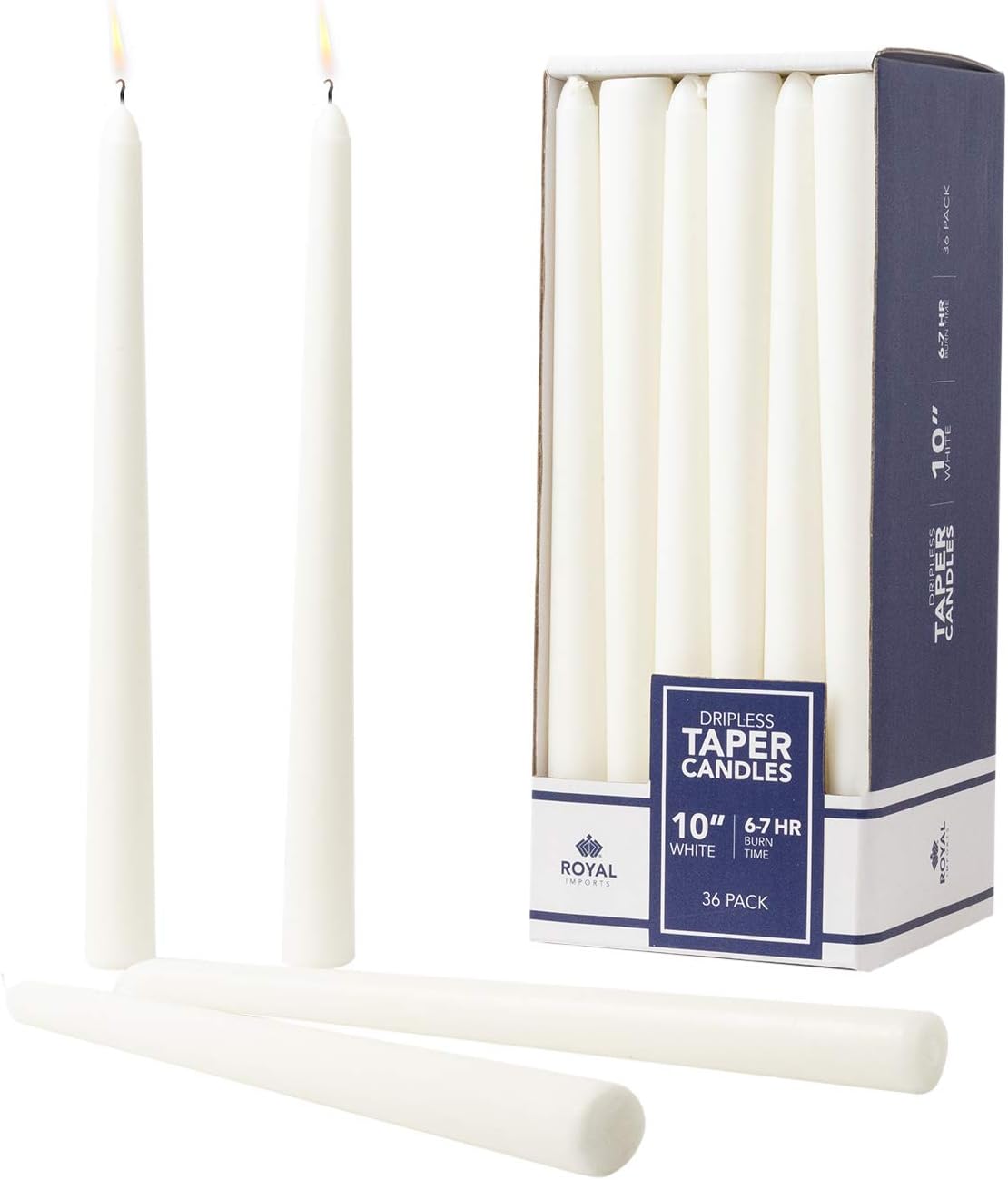 Royal Imports Unscented Taper Candles, Elegant Premium Quality, Dripless & Smokeless, Hand-Dipped Dinner Candles for Wedding, Holiday, Home Decor - 7 Hour Burn Time - Set of 36 (10 Inch, White)